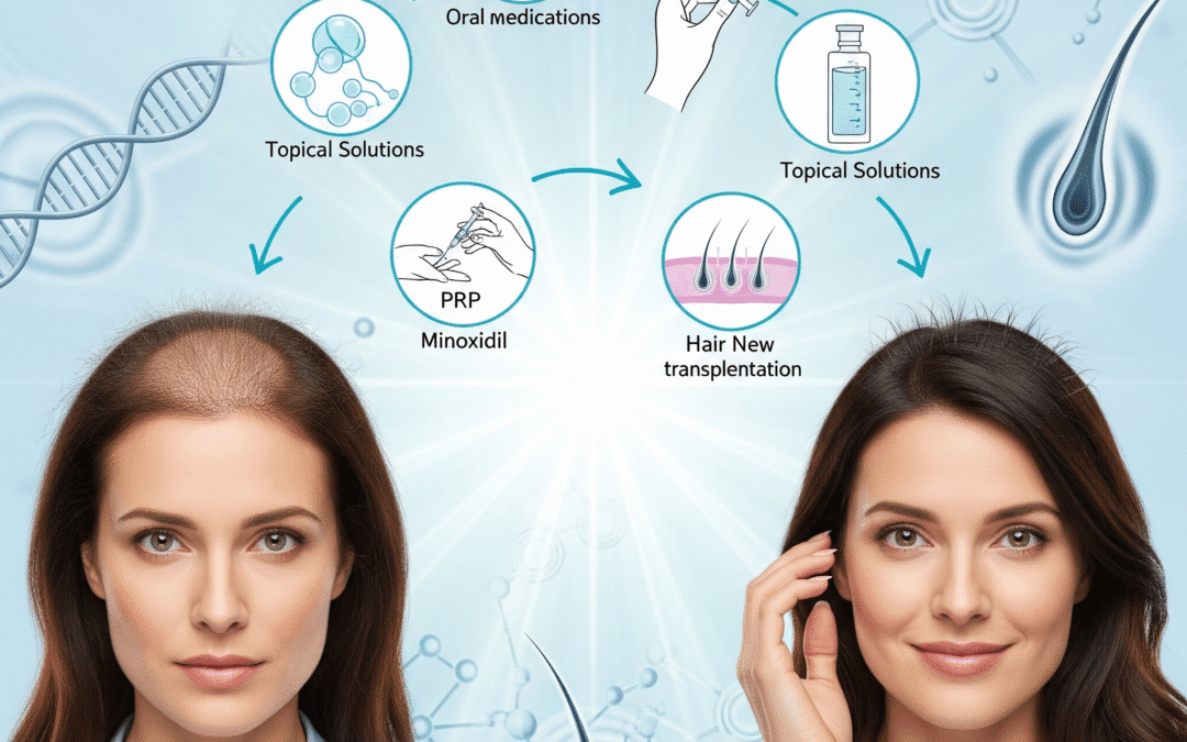 Vorher-Nachher-Darstellung einer Frau mit Haarausfall, die verschiedene Haarausfalltherapien wie Minoxidil, Medikamente (Minoxidil, Finasterid) und Haartransplantation/PRP symbolisiert. Links die Frau mit lichterem Haar und besorgtem Ausdruck, rechts die Frau mit vollem, gesundem Haar und einem Lächeln. Dazwischen schwebende Symbole der Behandlungen.