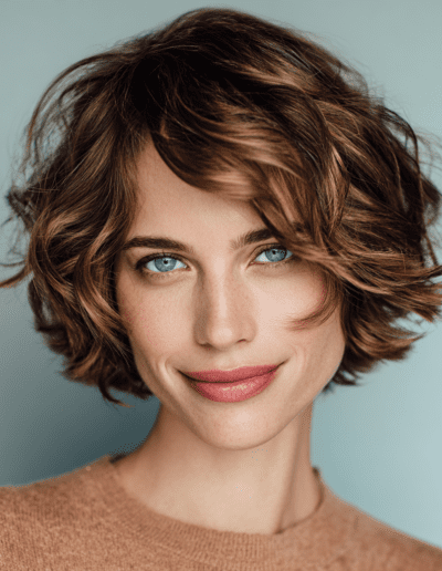 Nahaufnahme einer lächelnden Frau mit kurzen, welligen, braunen Haaren und strahlend blauen Augen vor einem schlichten, hellblauen Hintergrund