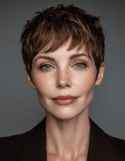 Nahaufnahme einer Frau mit kurzen, braunen, fransig geschnittenen Haaren (Pixie-Cut), blauen Augen und Sommersprossen vor einem neutralen grauen Hintergrund