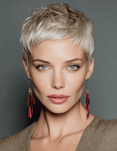 Porträt einer Frau mit einem sehr kurzen, texturierten Pixie-Schnitt in Platinblond, auffälligen roten Ohrhängern und einem olivfarbenen Strickoberteil vor grauem Hintergrund