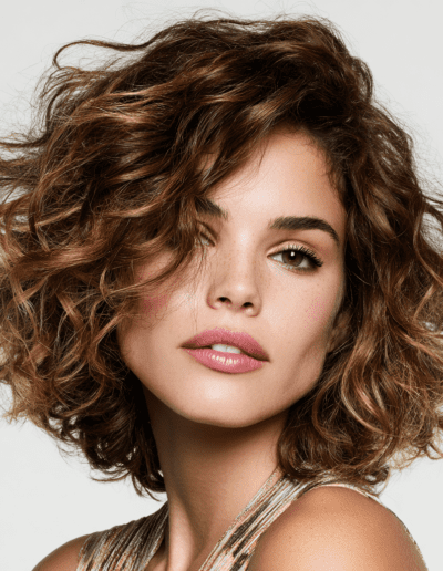 Nahaufnahme einer jungen Frau mit einem voluminösen, kinnlangen Bob aus braun-goldenen Locken, Sommersprossen und dezentem Make-up vor einem neutralen, hellen Hintergrund