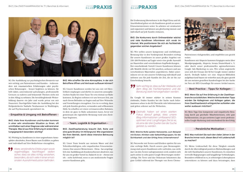 Eine geöffnete Doppelseite (Seiten 34 und 35) des Fachmagazins „ZweitHaar Praxis“. Auf der linken Seite befindet sich oben ein Gruppenbild von vier Teammitgliedern (ein Mann und drei Frauen) vor einem gelben Hintergrund. Zwei Frauen tragen weiße T-Shirts mit dem Logo „Perücken Kompetenz Zentrum“. Darunter und auf der rechten Seite setzt sich ein Interview-Text in Spalten fort, unterbrochen von weinroten Zitaten in Anführungszeichen. Oben rechts ist ein kleines Foto mit Übungs- und Ausstellungs-Perückenköpfen auf Regalen zu sehen